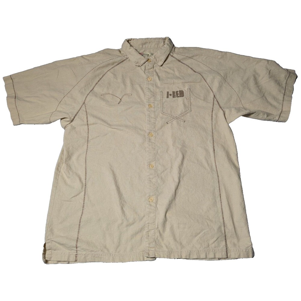 VTG INDIGO RED LUX INDUSTRIAL DENIM Men‎ 3XL Khaki LINEN Blend  Button Shirt
